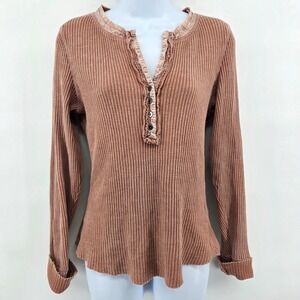 BKE Thermal Henley XS Long Sleeve Top Brown Waffle Knit Button Up Bella Elena
